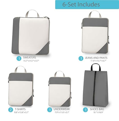 Compression Travel Packing Cubes with White Mesh, Grey, 6Pcs - color: Grey, size: Set of 6