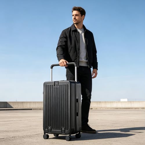 24 Inch Front Pocket Luggage Wide Handle Suitcase, Black - color: Black, size: 24''-B