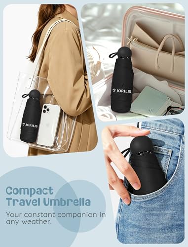 Jorilis Mini Compact Travel Umbrella with Case, Pocket Size UV Sun & Rain - color: Black