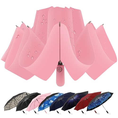 ZDSSM Inverted Umbrella for Rain, Compact Windproof Auto Open Close - color: Pink