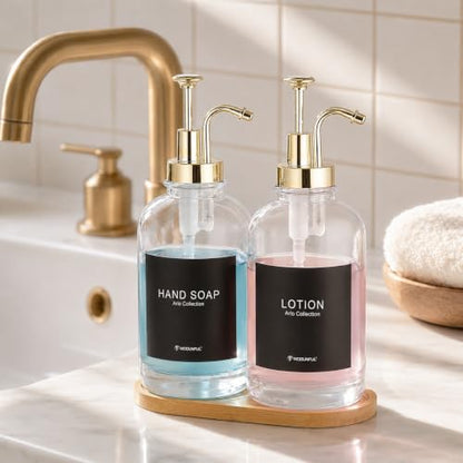 Kitchen Soap Dispenser Set of 2, 16.9 oz Glass, Gold Stainless Steel Pump - color: Dm2648-gold