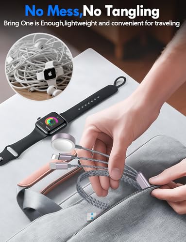 1Pack Travel Essentials for Apple Watch Charger,3-in-2 Multi Charging Cable - color: Gray, size: 1Pack-4FT