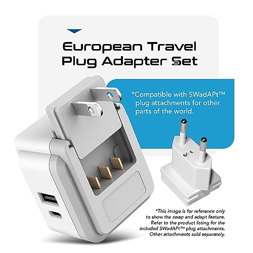 Ceptics 20W European Travel Plug Adapter, 2 USA Outlets, USB-C & USB-A - color: Pure White