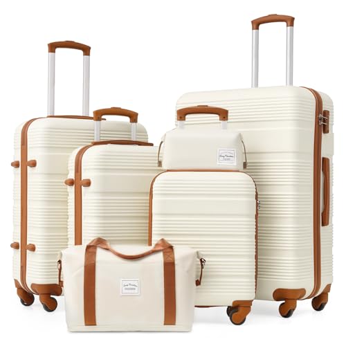 LONG VACATION Luggage Sets with Spinner Wheels, Suitcase Set 6 Piece - color: WHITE-BROWN, size: 6 piece set