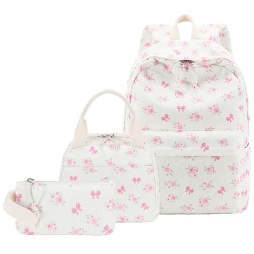 LEDAOU Backpack for Girls School Bag Kids Bookbag Teen Backpack Set Daypack with Lunch Bag and Pencil Case - color: Pink Small Flower Bow - Beige