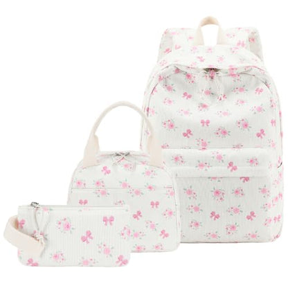 LEDAOU Backpack for Girls School Bag Kids Bookbag Teen Backpack Set Daypack with Lunch Bag and Pencil Case - color: Pink Small Flower Bow - Beige