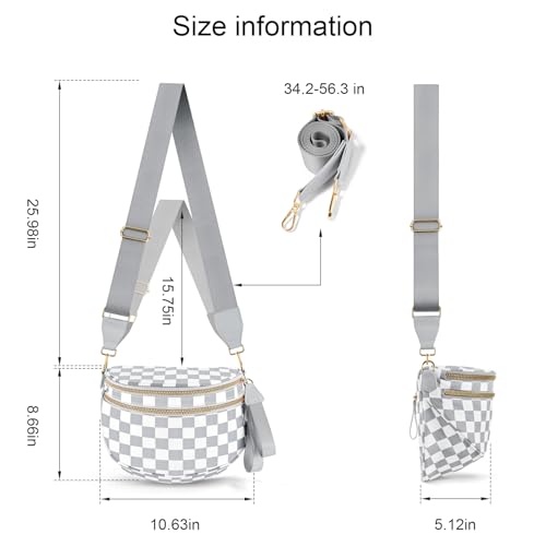 Checkered Crossbody Bags for Women, Large Nylon Bum Bags - color: Light Grey Checkered