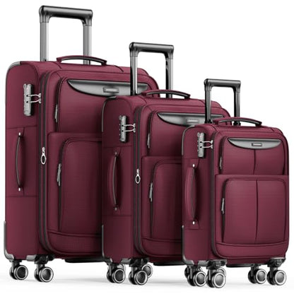 SHOWKOO Luggage Sets 3 Piece Softside Expandable Durable Suitcase Sets - color: Wine Red