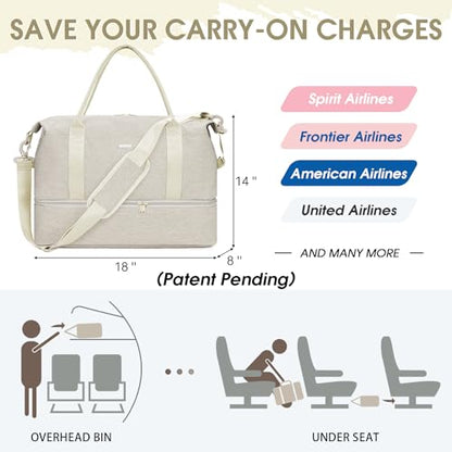 WANDF Personal Item Travel Bag, Carry On Weekender Bag for Women - color: Beige
