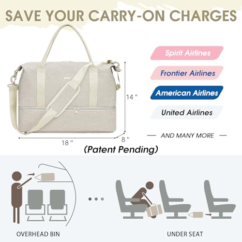 WANDF Personal Item Travel Bag, Carry On Weekender Bag for Women - color: Beige