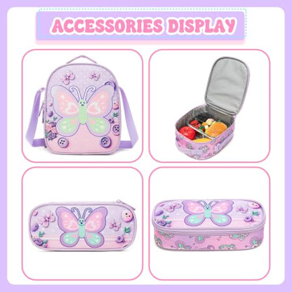 Meetbelify Rolling Backpack for Girls Butterfly Backpack with Wheels Kids Purple Roller Suitcase Travel Luggage for Elementary Student Ages 6-8 - color: Butterfly