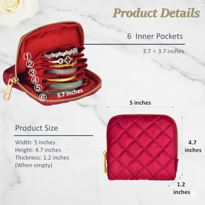 Jewelry Organizer Case, Small Travel Velvet Pouch, Portable - color: Wine Red Quilted