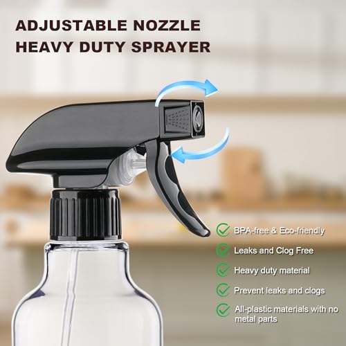 Plastic Spray Bottles 16.9oz 2 Pack Adjustable Mist/Stream Spraying | Refillable heavy duty spray containers for plants, cooking, hair care and household cleaning - color: BlackClear