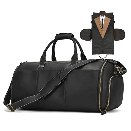 Full Grain Leather Duffel Bag for Men, 2-in-1 Garment Travel Bag with Shoe Compartment, Weekender Overnight Bag for Business Trip, Black - color: Y2a201FMY - Black