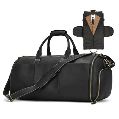 Full Grain Leather Duffel Bag for Men, 2-in-1 Garment Travel Bag with Shoe Compartment, Weekender Overnight Bag for Business Trip, Black - color: Y2a201FMY - Black