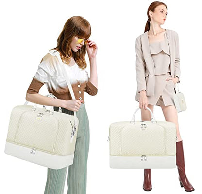 TIBES Travel Weekender Bag for Women, Overnight Bag with Shoe Compartment - color: J-Beige Diamond 3pcs
