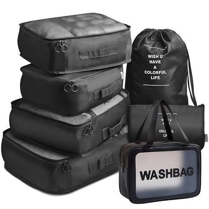 Travel packing cube 7 Piece Set, Suitcase Organizer Luggage Cubes with Wash Bag, suitcase organizer, Multi-Purpose Dispenser Bags (Black) - color: Black