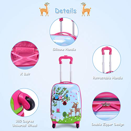 GYMAX Kids Carry On Luggage Set, 12" & 16" 2PCS Rolling Suitcase - color: Deer