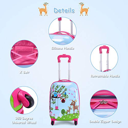 GYMAX Kids Carry On Luggage Set, 12" & 16" 2PCS Rolling Suitcase - color: Deer