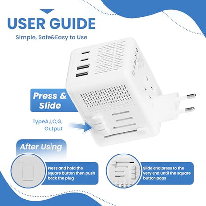 Converter for European Travel with AC Socket, 2 USB C & 2 USB A Ports
