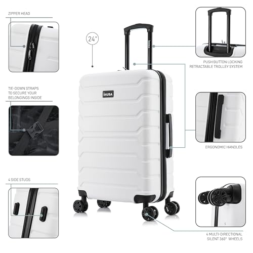 InUSA TREND Luggage with Spinner Wheels | Durable lightweight Hardside Suitcase, Travel bag with Handle and Trolley, 24-Inch Medium Checked luggage | White - color: White, size: Medium