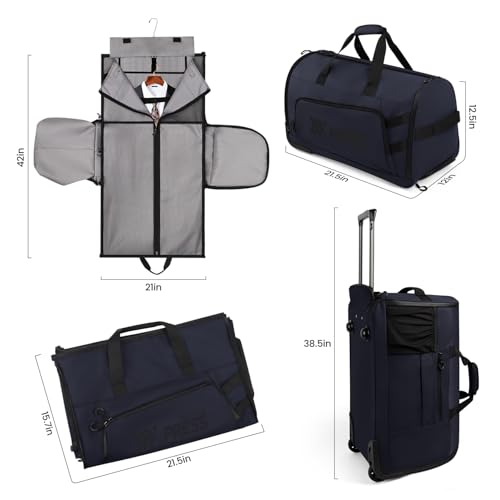 2-in-1 Rolling Garment Bag w/Wheel,Lightweight/Waterproof - color: Navy