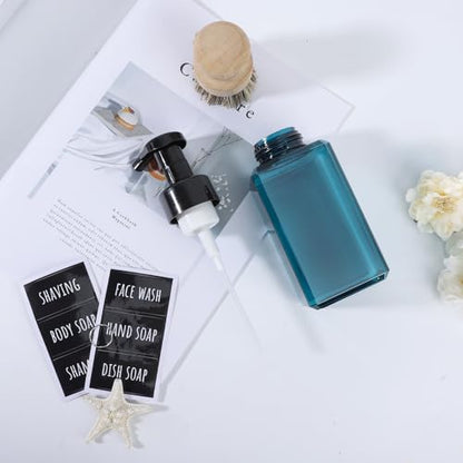 Segbeauty Plastic Square Foam Pump Bottle Refillable 15.2oz, 2pcs Empty Foaming Soap Dispenser Bathroom, Blue Foaming Pump Bottles with Label Stickers, Refillable Foam Soap Dispenser for Kitchen 450ml - color: Blue, style: 2pcs 15.2oz