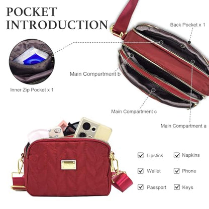 WITERY Small Crossboby Bag for Women Trendy Nylon Quilted Shoulder Purse - color: Red 1