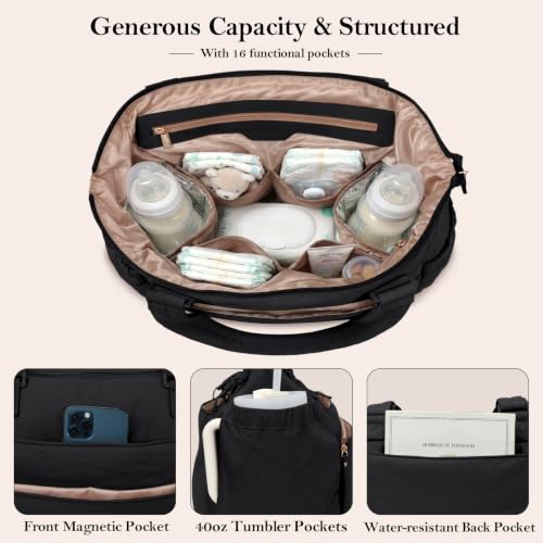 MOMINSIDE Diaper Bag Tote with Changing Station Convertible Diaper Bag Backpack Tote pañaleras para bebe Large Baby Bag, Hospital Bag Mommy Bag Travel Diaper Bag for Mom, 16 Pockets, Black - color: Black
