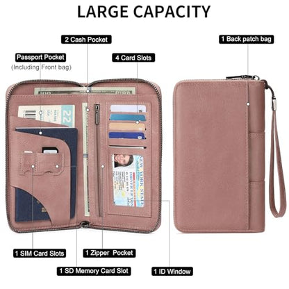 RFID Blocking with Zipper Travel Passport Wallet,Travel Document Organizer for Men and Women Family Holder with Wrist Strap - color: Light Pink