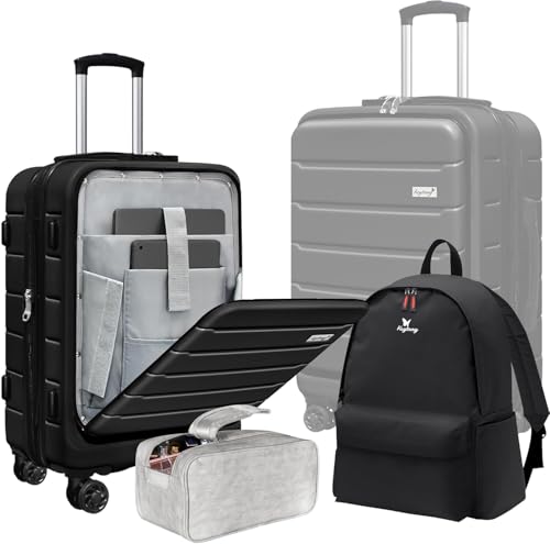 KEYTANG SmileLine 20 inch Carry-On, Lightweight Hardside Suitcase, Expandable Small Suitcase with Front Pocket, Black - color: Black, size: 666-Carry-on