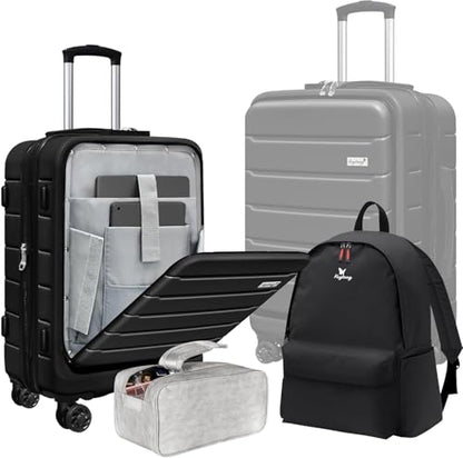 KEYTANG SmileLine 20 inch Carry-On, Lightweight Hardside Suitcase, Expandable Small Suitcase with Front Pocket, Black - color: Black, size: 666-Carry-on
