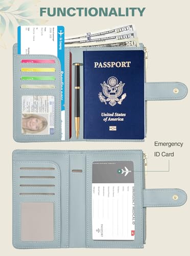 RFID Passport Holder for Travel, Leather Passport Cover Travel Wallet - color: Light Blue