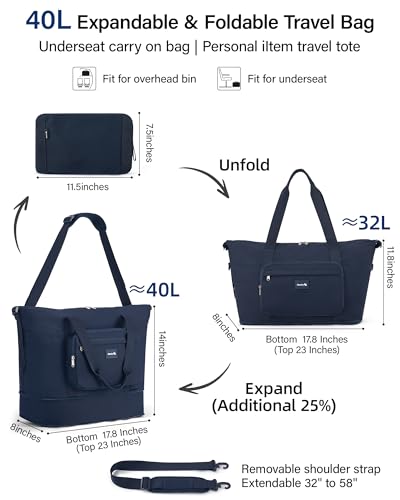 Hanke Underseat 40L Foldable Expandable Travel Tote Bag with 11 Pockets - color: Navy Blue
