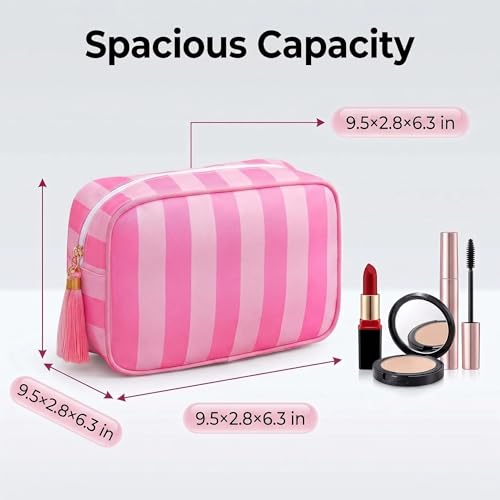 Preppy Striped Makeup Bag for Women, Structured Travel Cosmetic Pouch with Protective Sponge Padding, Large Canvas Toiletry Organizer with Tassel Zipper for Daily Purse(Pink) - color: Pink