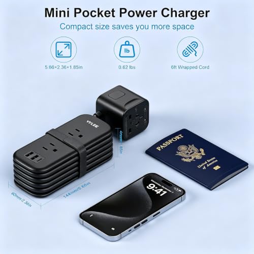 VYLEE Universal Travel Adapter with 6FT Extension Cord - color: Black Grey