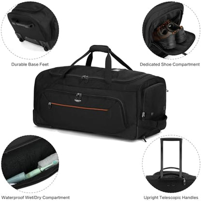 Large Rolling Duffle Bag with Wheels and Handle 85L 29 inch Travel Duffel Bag for Men Women with Shoe Compartment & Wet Pocket, 2 Wheeled Checked Luggage for Business Travel Long Trips, Black - color: Black