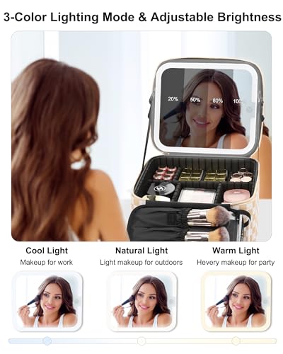 Relavel Travel Makeup Bag With LED Mirror, Cosmetic Train Case with Handle - color: 01-Plaid, size: 1-Small