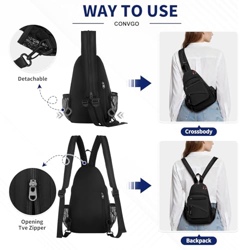 Sling Bag for Men Women,Convertible Crossbody Backpack Chest Bag - color: Black, size: Large