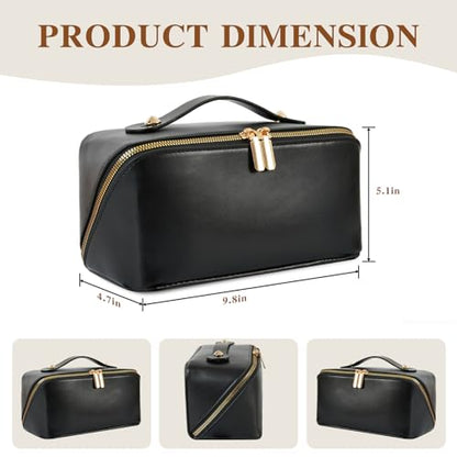 Travel Makeup Bag Large Capacity Cosmetic Bags for Women, Waterproof Toiletry Bag Open Flat Makeup Bag with Compartments and Handle, Portable Cosmetic Organizer Pouch, Black - color: Black