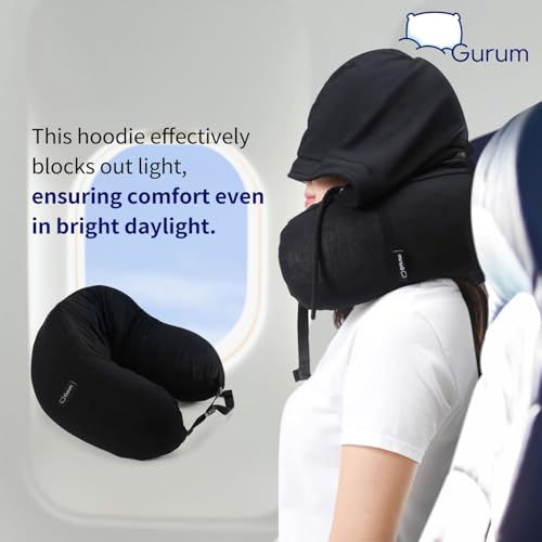 Hooded Travel Pillow – Natural Latex Neck Support with Privacy Hood, Side Pocket & Tencel Cover for Airplane & Long Flights | Gurum™