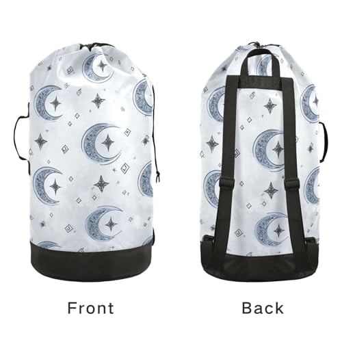 Dark Blue Moon Stars Diamonds Laundry Backpack Bag with Adjustable Shoulder Straps Handle Dirty Laundry Hamper Bag for Traveling Camp College Dorm Heavy Duty Waterproof Large Capacity - color: Dark Blue Moon Stars Diamonds