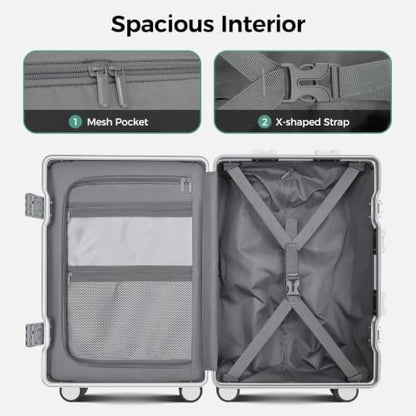 Carry on Luggage Aluminium Frame with Cup Holder,Top opening Suitcases and USB Charging Port,Lightweight with Front Pocket Rolling Suitcases with Spinner Wheels (White, 20Inch) - color: White