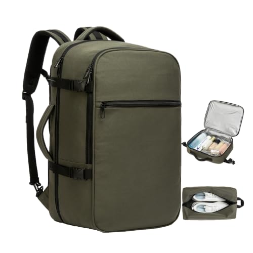 40L Carry On Travel Backpack for Men Women, 180° Lay-Flat Design, Wet-Dry Pouch & Shoe Bag, Water-Resistant Laptop Backpack for Business Trips and Weekends, Fits Up to 18.5-Inch Laptop - color: Green