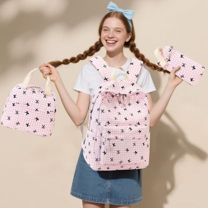 LEDAOU Backpack for Girls School Bag Kids Bookbag Teen Backpack Set Daypack with Lunch Bag and Pencil Case - color: B -Pink Checkered Bowtie -6