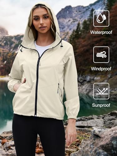 PITINAN Women's Rain Jacket Packable with Hood Lightweight Travel XS-3XL - color: Beige, size: Small