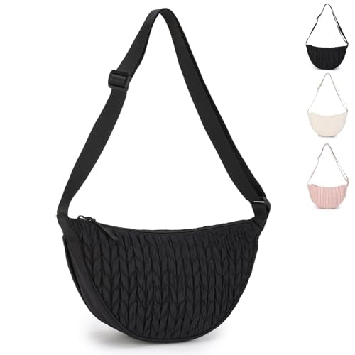 BESMART Small Nylon Crescent Crossbody Bag for Women Men Trendy, Waterproof Crescent Sling, Lightweight Travel Purses - color: Embroidered Black, size: Small