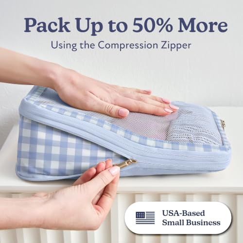 Vandel Compression Packing Cubes for Women, Set with Hanging Toiletry Bag - color: 1. Blue Gingham, size: Deluxe Set (4 Cubes + Toiletry & Laundry Bags)