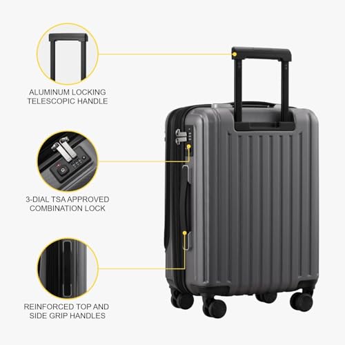 LEVEL8 Carry on Luggage 22x14x9 Airline Approved, 20" Suitcases with Wheels - color: Grey, size: 20 Inch