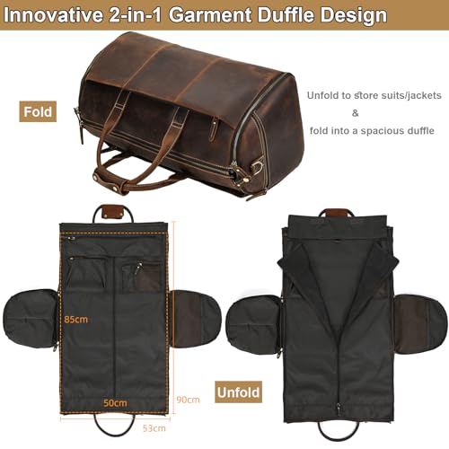 Full Grain Genuine Leather 2-in-1 Garment Dufflel Bag for Men Foldable Suit Carrier with Independent Shoe Compartment, Large Capacity Weekender Overnight Travel Bag for Business Trips, Coffee - color: Y2201FMY - Coffee